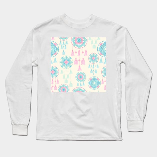 Pink and teal dreamcatcher on cream seamless pattern Long Sleeve T-Shirt by marufemia